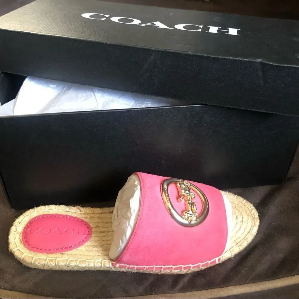 🔥NWT COACH Suede ESPAD. Size 5 Confetti Pink Slip onSignature Horse & carriage
